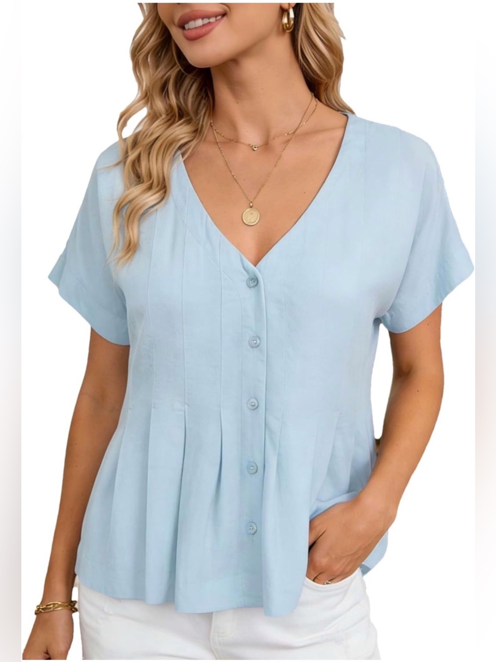 NWT Light Blue V-Neck Linen Blend Top-S